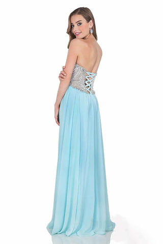 Formal maxi dress featuring intricate beading, structured corset bodice, and elegant slit for refined evening glamour.