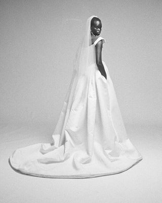 Model wearing the Nova Bagatelle gown styled with a ballerina-length tulle veil.