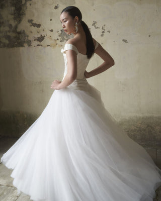 Back view of the Comet Corset and Joe Petticoat, featuring the elegant draped design and striking silhouette.