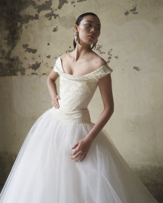 Comet Corset by Vivienne Westwood styled with the Mini Joe Petticoat, showcasing a luxurious bridal look.