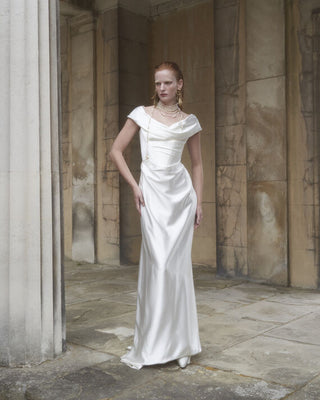 Vivienne Westwood Nova Cocotte bridal gown with structured corset and flowing A-line skirt in luxurious FSC-certified silk.