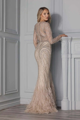 Long Sleeve Taupe Gown with Feather