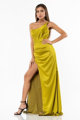 Luxurious one-shoulder column gown with draped bodice, sleek fit, and daring thigh-high slit, perfect for formal evening occasions.