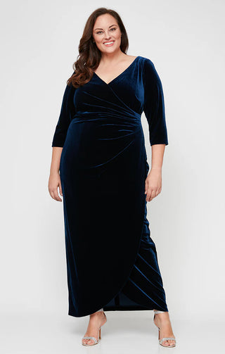 Luxurious velvet evening gown with wrap V-neckline, 3/4 sleeves, and draped maxi silhouette for formal occasions