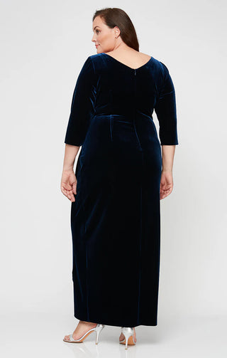 Elegant wrap-style velvet dress featuring V-neck, three-quarter sleeves, and figure-flattering floor-length design