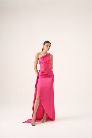Fitted bodice that accentuates the natural curves, paired with a flowing, asymmetrical skirt.