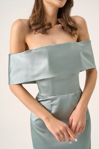 Close-up front view of the Amelia satin column gown, showcasing the off-the-shoulder neckline and luxurious satin fabric.
