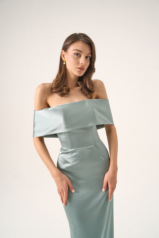 Detailed front view of the Amelia gown's fitted bodice, highlighting the elegant draping and smooth satin texture.