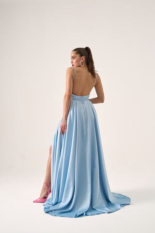 Floor-length satin dress with a flattering A-line silhouette and a deep V-neckline, perfect for formal events.