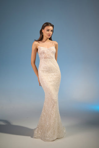 Luxurious mermaid bridal gown with spaghetti straps and a scoop neckline, adorned with intricate beaded details for added elegance.