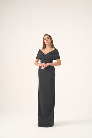 Formal crepe gown with a sculpted fit, maxi length, and timeless off-shoulder Bardot style, perfect for special occasions.