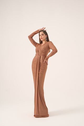 Elegant column gown with a V-neckline, long fitted sleeves, and gathered waist detailing, perfect for formal evening events.