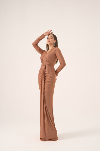 Tailored formal gown with a gathered waist, long sleeves, and a flattering V-neckline, perfect for gala and special events.