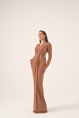 Sophisticated evening dress featuring a figure-enhancing drape, refined V-neck, and sleek long sleeves for a timeless look.