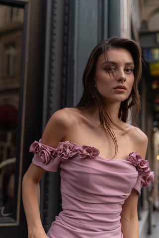 Close-up of Lydia Matte Crepe Gown by Nadia's, highlighting the luxurious matte crepe fabric and flattering ruching on the bodice and waist.