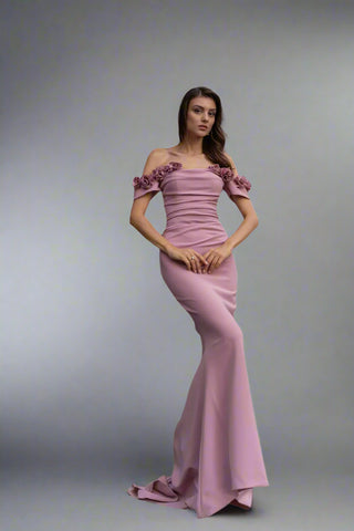 Front view of Lydia Matte Crepe Gown by Nadia's, featuring the elegant off-the-shoulder neckline and structured bodice with ruching.