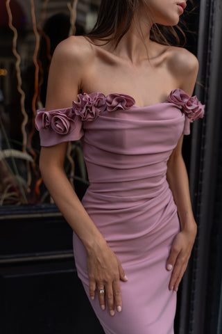 Close-up of hand-sewn floral details on Lydia Matte Crepe Gown by Nadia's, showcasing the intricate craftsmanship.