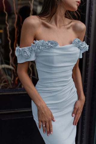 Lydia matte crepe with off the shoulder hand sewn petals