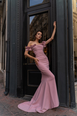 Side view of Lydia Matte Crepe Gown by Nadia's, displaying the fit-and-flare silhouette and chapel-length train.