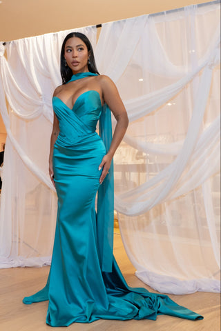 Timeless strapless evening gown with a curve-enhancing mermaid silhouette and elegant satin finish