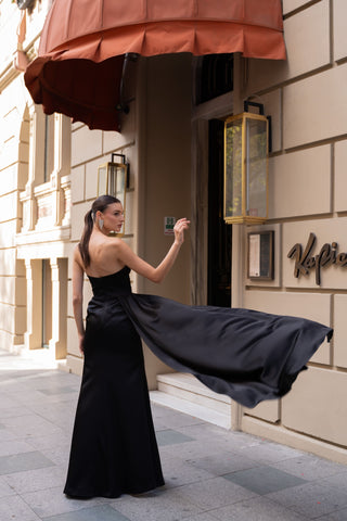 Maxi evening dress with sophisticated cowl neckline and hidden back zipper