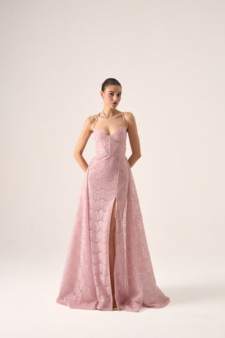 Front view of Erina lace gown by Nadia's, showcasing delicate lace texture and flattering bodice.