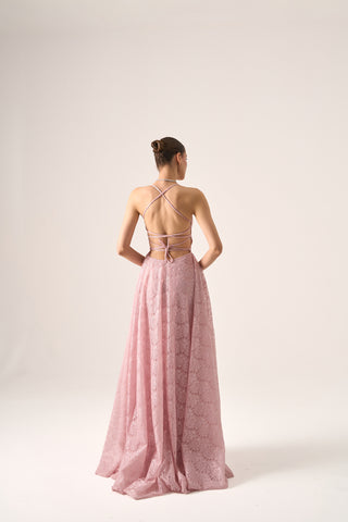 Back view of Erina lace gown by Nadia's, featuring a fitted bodice and subtle lace train.