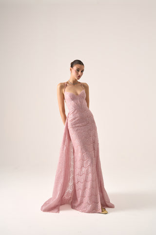 Front view of model in Erina lace gown by Nadia's, showing sweetheart neckline and thin spaghetti straps.