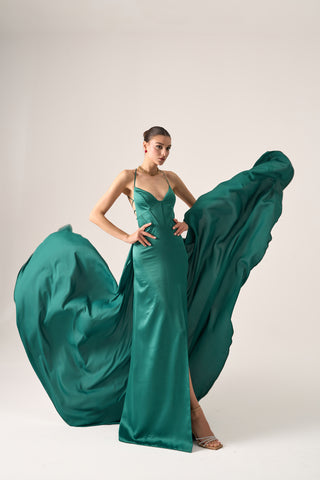 Sophisticated maxi dress with a figure-sculpting corset bodice, sweetheart neckline, and daring thigh-high slit.