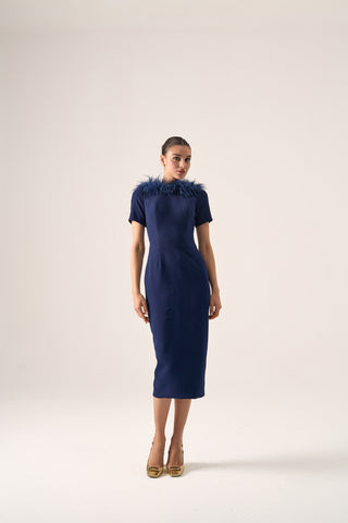 Sophisticated column midi dress with a round neckline, feathered accents, and chic short sleeves for refined evening elegance.
