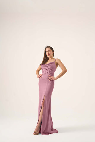 Houston cowl neck satin gown with slit