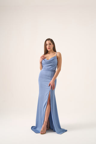 Refined evening dress featuring a fitted column silhouette, draped satin bodice, and a captivating side slit.