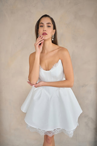 Formal sleeveless mini dress showcasing lace accents, a flared silhouette, and a delicate sweetheart neckline.
