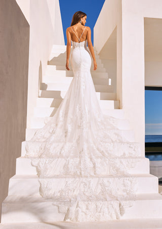 Back view of Izara gown showing crossover straps and embroidered lace.