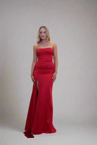 Kimmy strapless corset gown with slit and sash