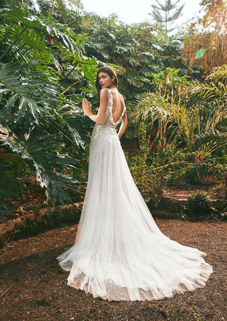 Detailed view of Lenkois gown’s embellished lace bodice.