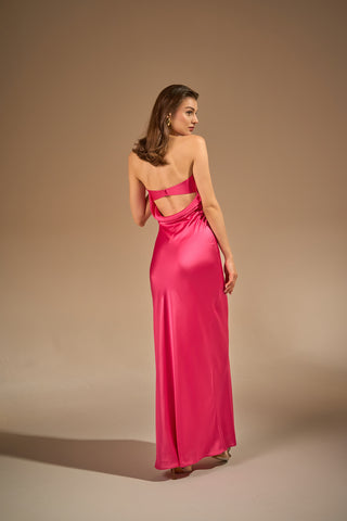 Timeless satin gown with a strapless design and floor-length column fit, exuding sophistication.