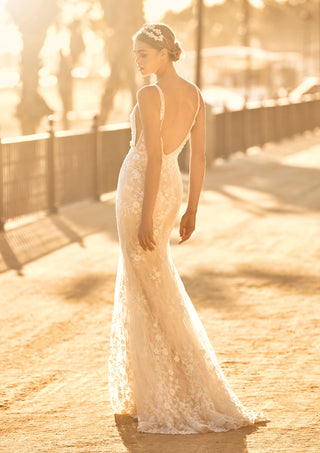 Back view of Marli gown showing scoop back and lace detail.