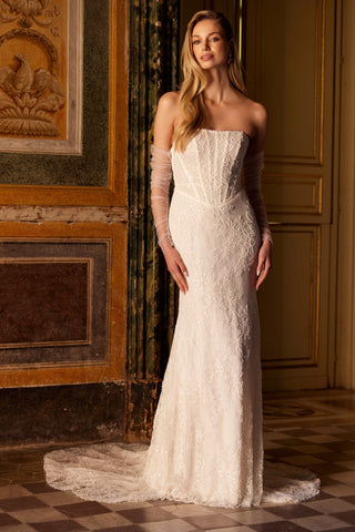 Mia Lavi couture lace wedding gown featuring a structured corset bodice and handcrafted beadwork, symbolizing timeless European luxury.