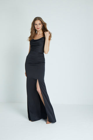 Formal satin gown showcasing a sleek silhouette, elegant draping at the neckline, and a high slit for a bold statement.