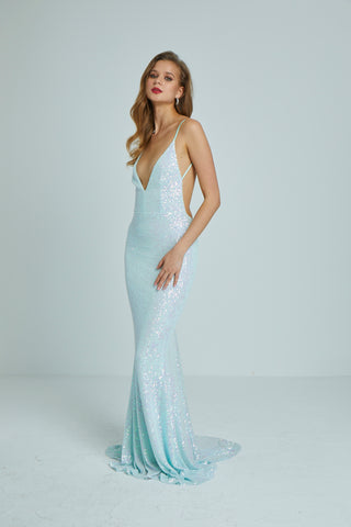 Sophisticated formal gown showcasing a plunging neckline and slender straps