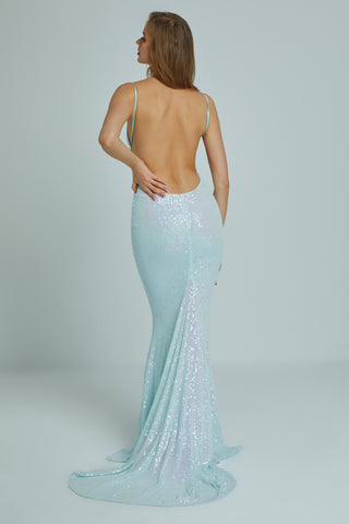 Elegant mermaid evening dress with sweeping hemline and plunging neckline