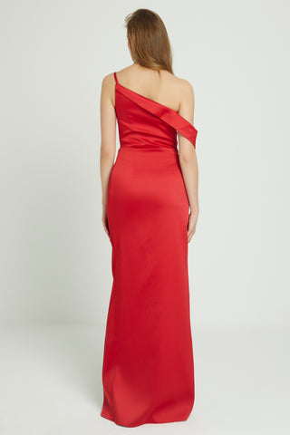 Luxurious satin evening dress featuring a sleeveless design, asymmetric neckline, and sleek maxi column fit.