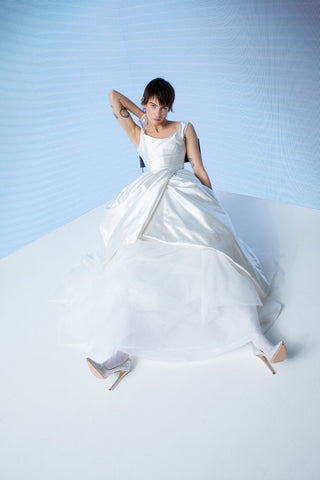 Detail of structural pleats and removable tulle petticoat from Vivienne Westwood Nebula gown