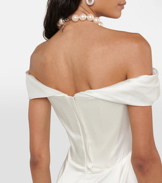 Close-up of the structured corset and draped bodice of the Nova Cora gown by Vivienne Westwood.