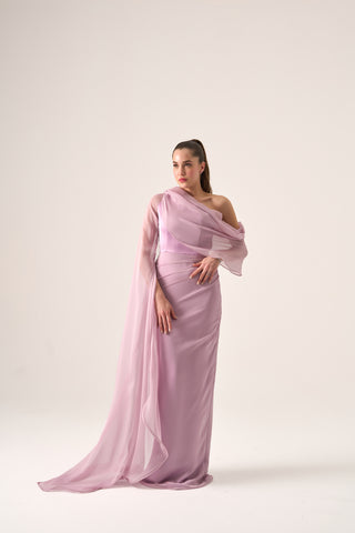 Sophisticated formal dress with an asymmetric neckline, off-shoulder draped sleeves, and sleek column design.