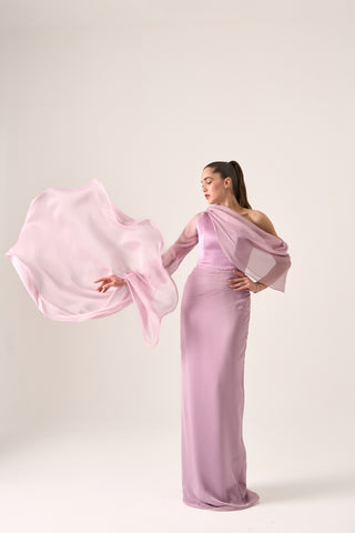 Chic column gown with asymmetric neckline and elegant off-shoulder cape sleeves for a sophisticated evening look.