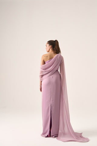 Refined maxi gown featuring a figure-skimming silhouette and draped cape sleeves, perfect for formal occasions.