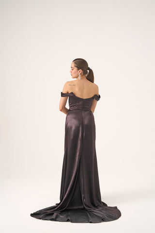A-line satin gown with a fluid silhouette, cowl neckline, and off-the-shoulder design perfect for black-tie events and galas.