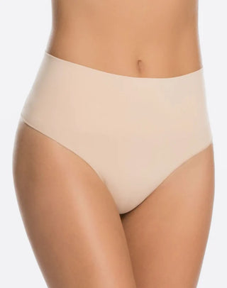 Front view of the Everyday Shaping Panties Thong by Spanx, featuring a seamless design and targeted shaping waistband for all-day comfort and support.